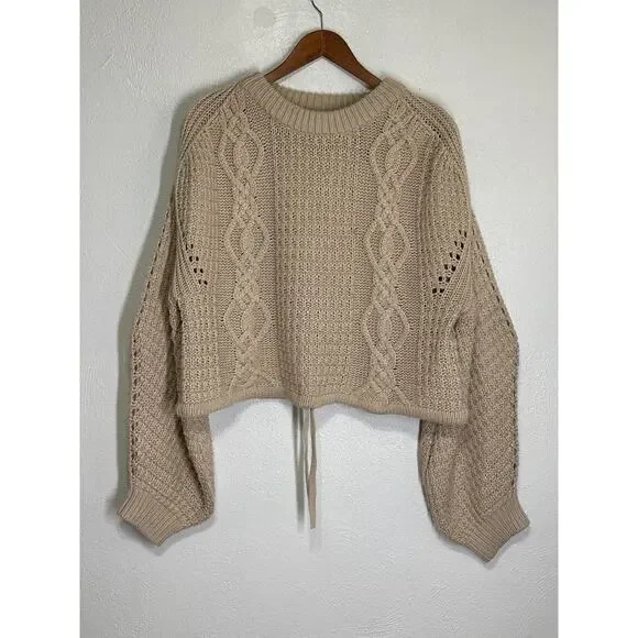Gianni Bini Oversized Crop Chunky Cable Knit Fishermen Sweater M Cream Designer - Picture 1 of 13